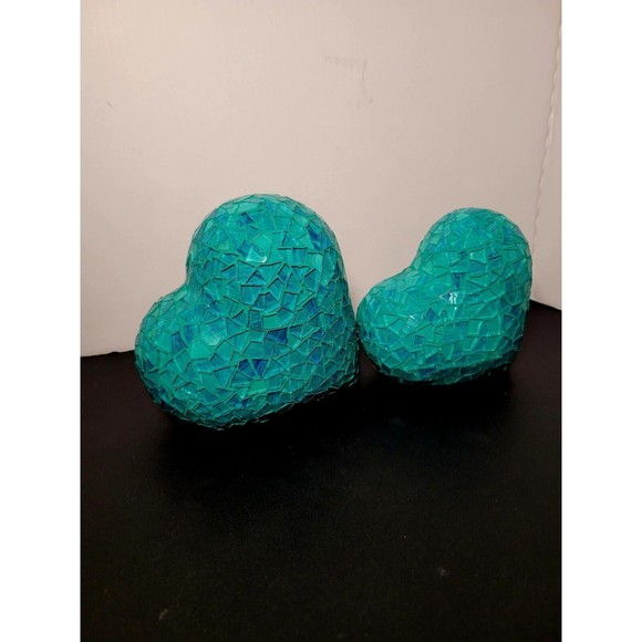 Vintage Teal Mosaic Art Glass Hearts Set Of 2 Tabletop 6"+ 5" Paperweight Decor - Picture 5 of 11